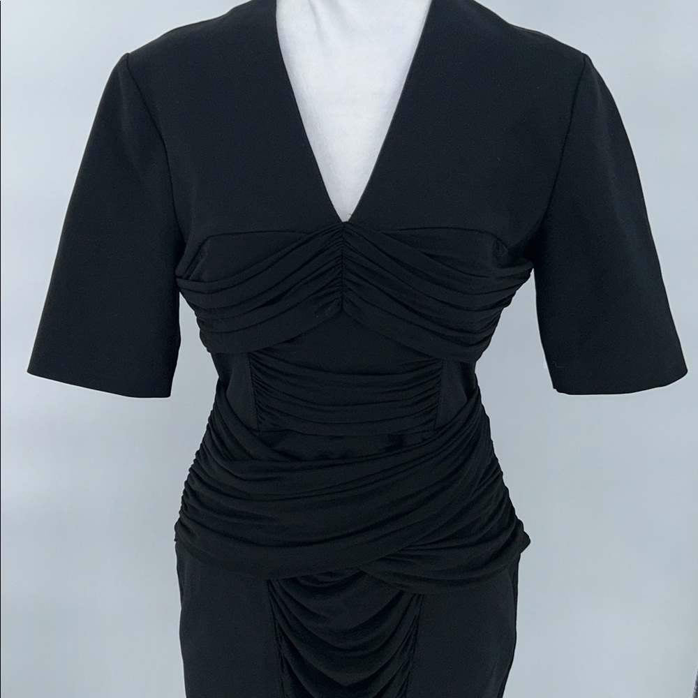 Burberry London Ruched Sheath Dress Black Size 12 Midi V-Neck Designer Bodycon - Picture 4 of 11